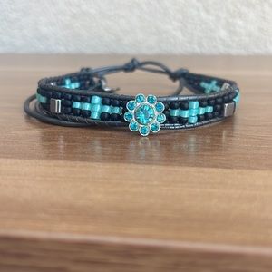 Handmade Teal Cross Bracelet with Flower Charm